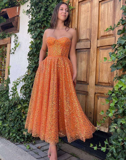 Cute A-Line Orange Glitter Sweetheart Prom Dress