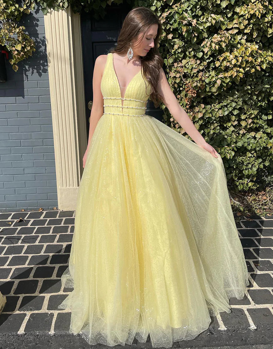 Daffodil Long Dress Backless Tulle V-Neck Prom Dress