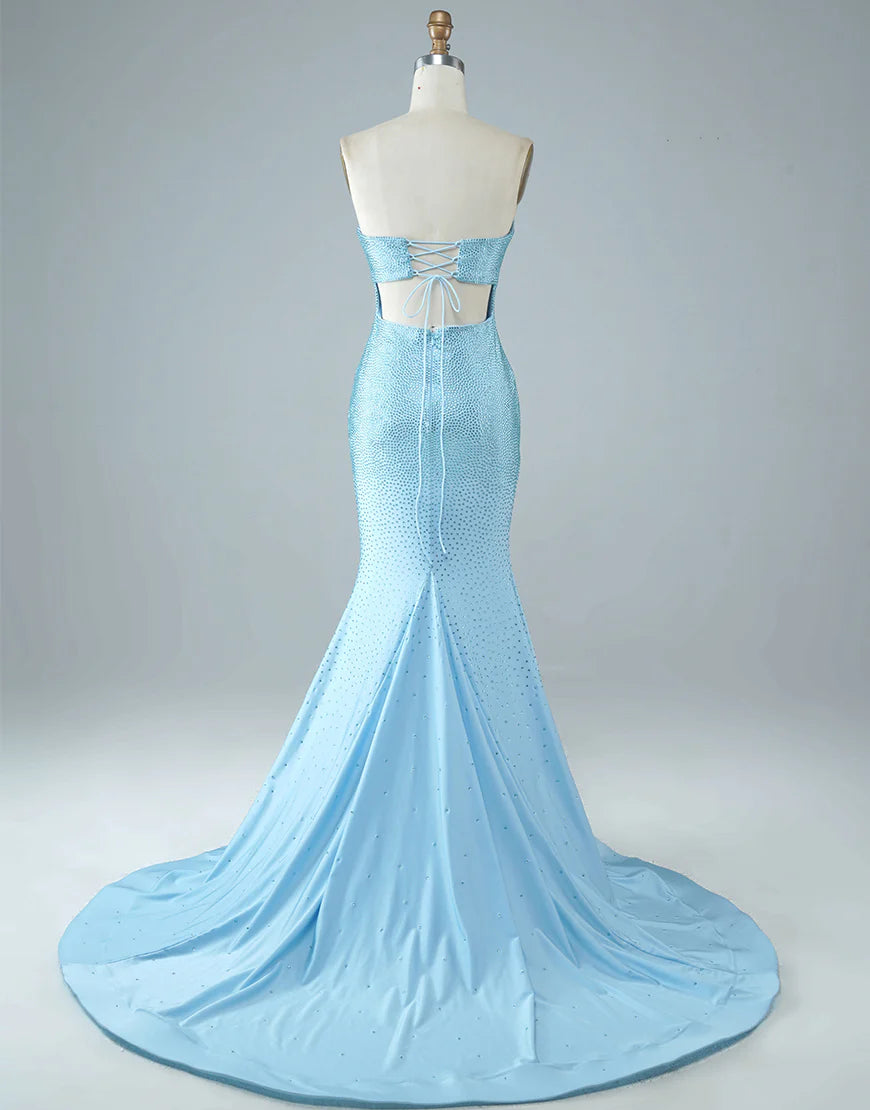 Sexy Tight Strapless Light Blue Long Prom Dress Sweep Train Dress with Split