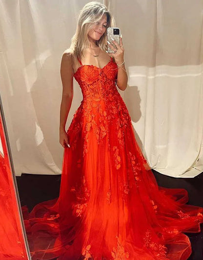A-Line Off the Shoulder Tulle Long Prom Dress with Appliques