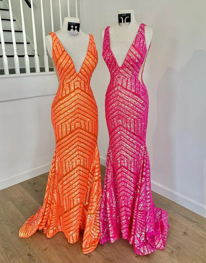 Sequins/Sparkling Mermaid Deep V-neck Long Dress Sequin Prom Dress