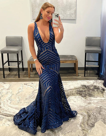 Sequins/Sparkling Mermaid Deep V-neck Long Dress Sequin Prom Dress