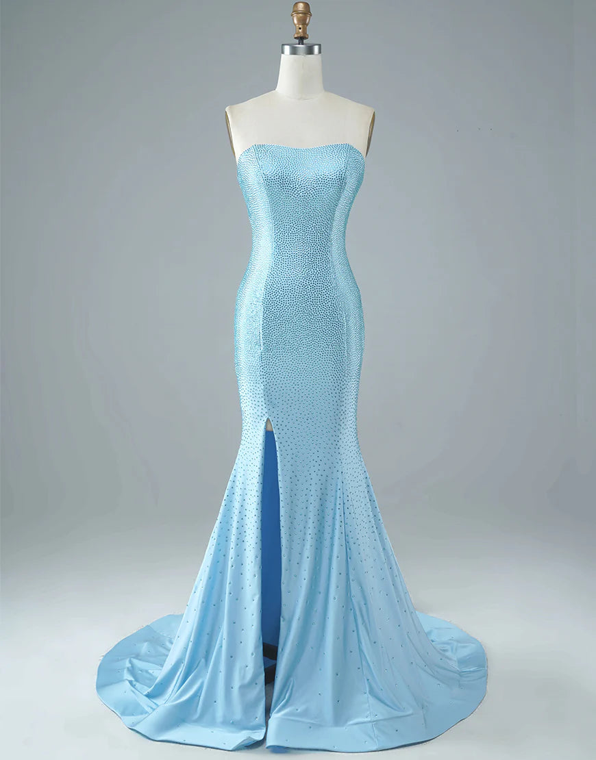Sexy Tight Strapless Light Blue Long Prom Dress Sweep Train Dress with Split
