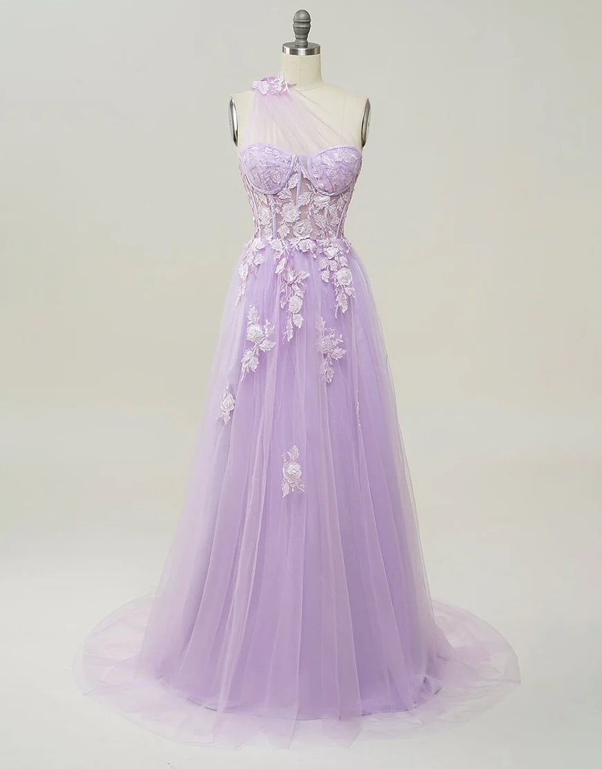 A-line Tulle Prom Dress 3D Appliques With Slit