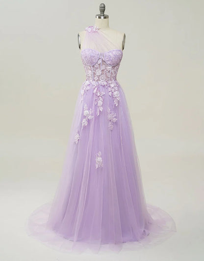 A-line Tulle Prom Dress 3D Appliques With Slit