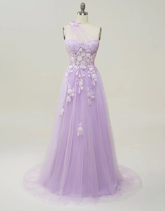 A-line Tulle Prom Dress 3D Appliques With Slit