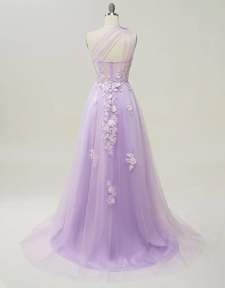 A-line Tulle Prom Dress 3D Appliques With Slit