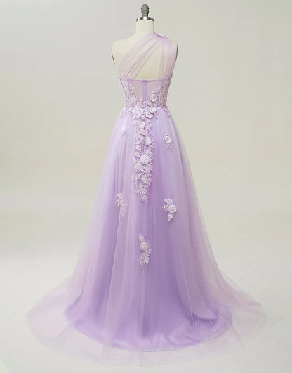 A-line Tulle Prom Dress 3D Appliques With Slit