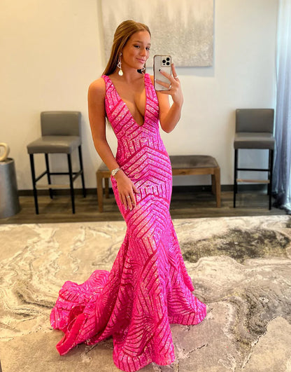 Sequins/Sparkling Mermaid Deep V-neck Long Dress Sequin Prom Dress