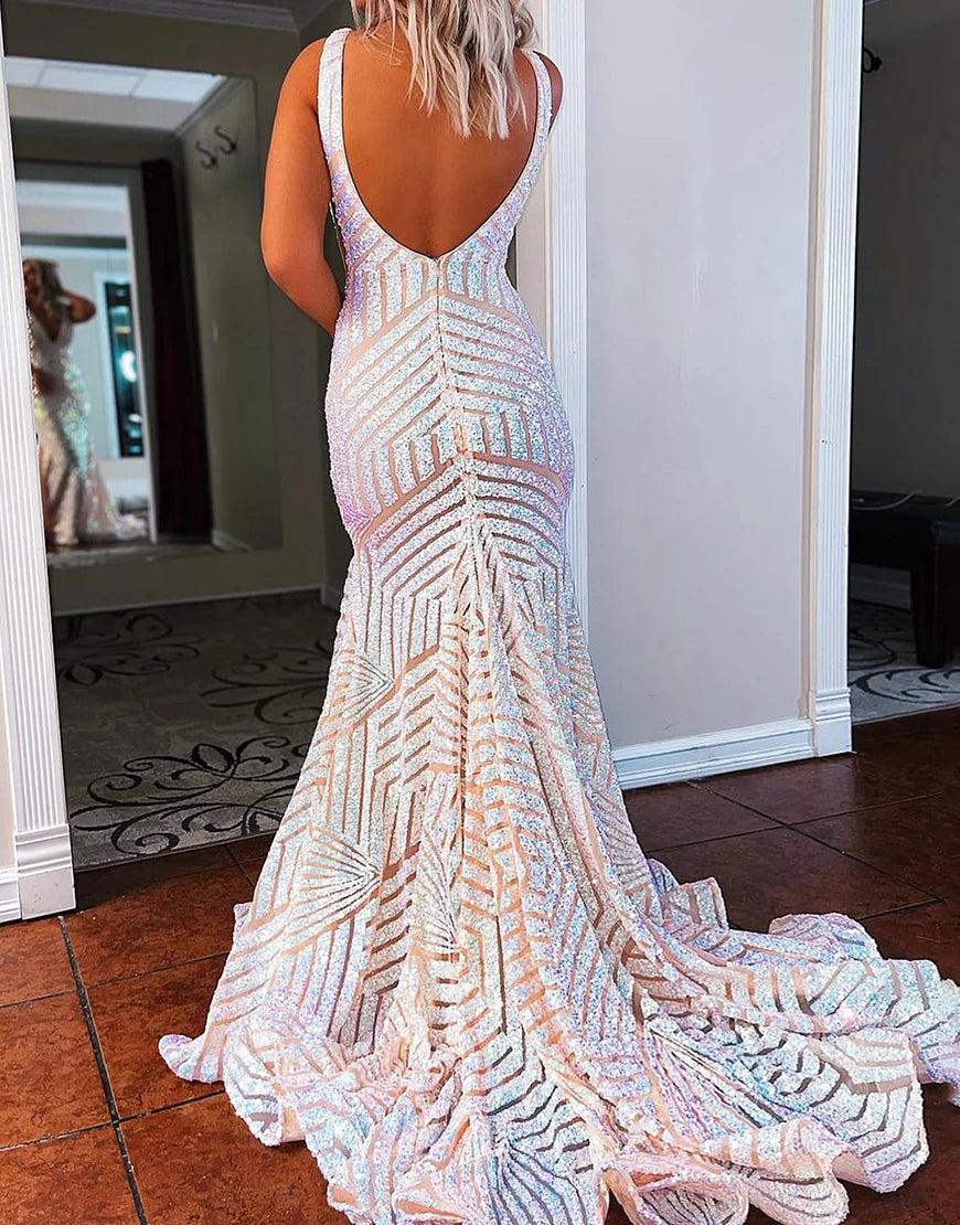 Sequins/Sparkling Mermaid Deep V-neck Long Dress Sequin Prom Dress