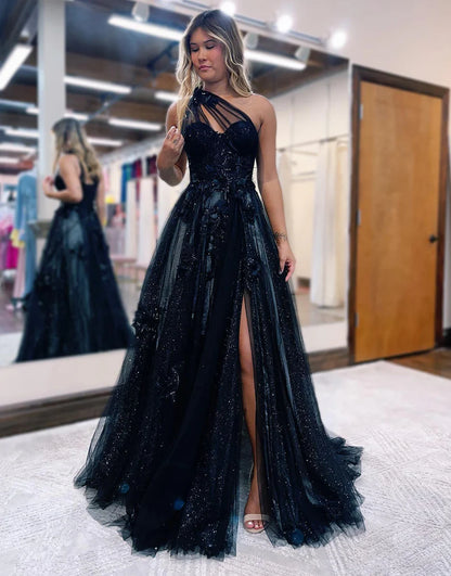 A-line Tulle Prom Dress 3D Appliques With Slit
