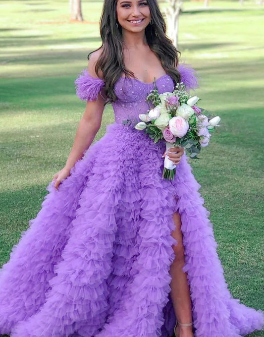 Off the Shoulder Long Prom Dress with Split Court Train Dresses