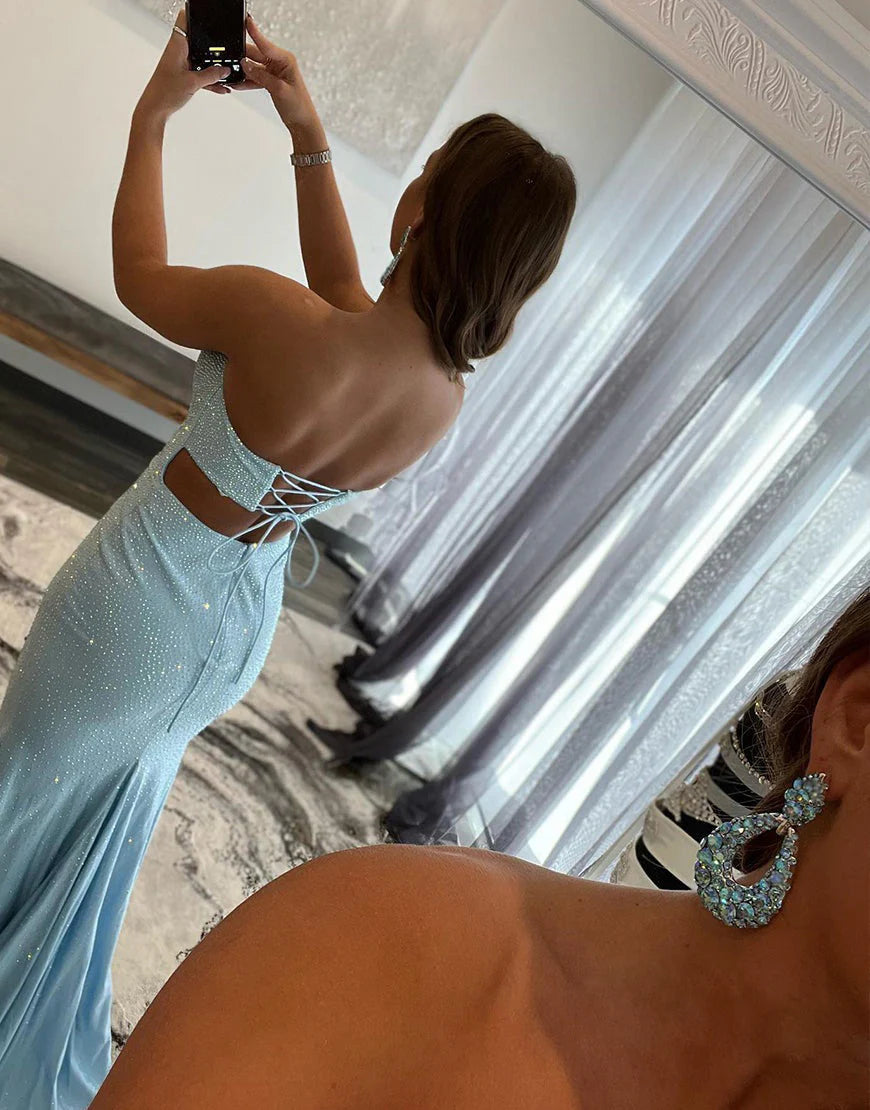 Sexy Tight Strapless Light Blue Long Prom Dress Sweep Train Dress with Split