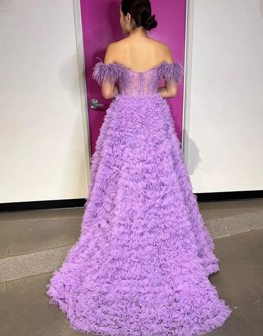 Off the Shoulder Long Prom Dress with Split Court Train Dresses