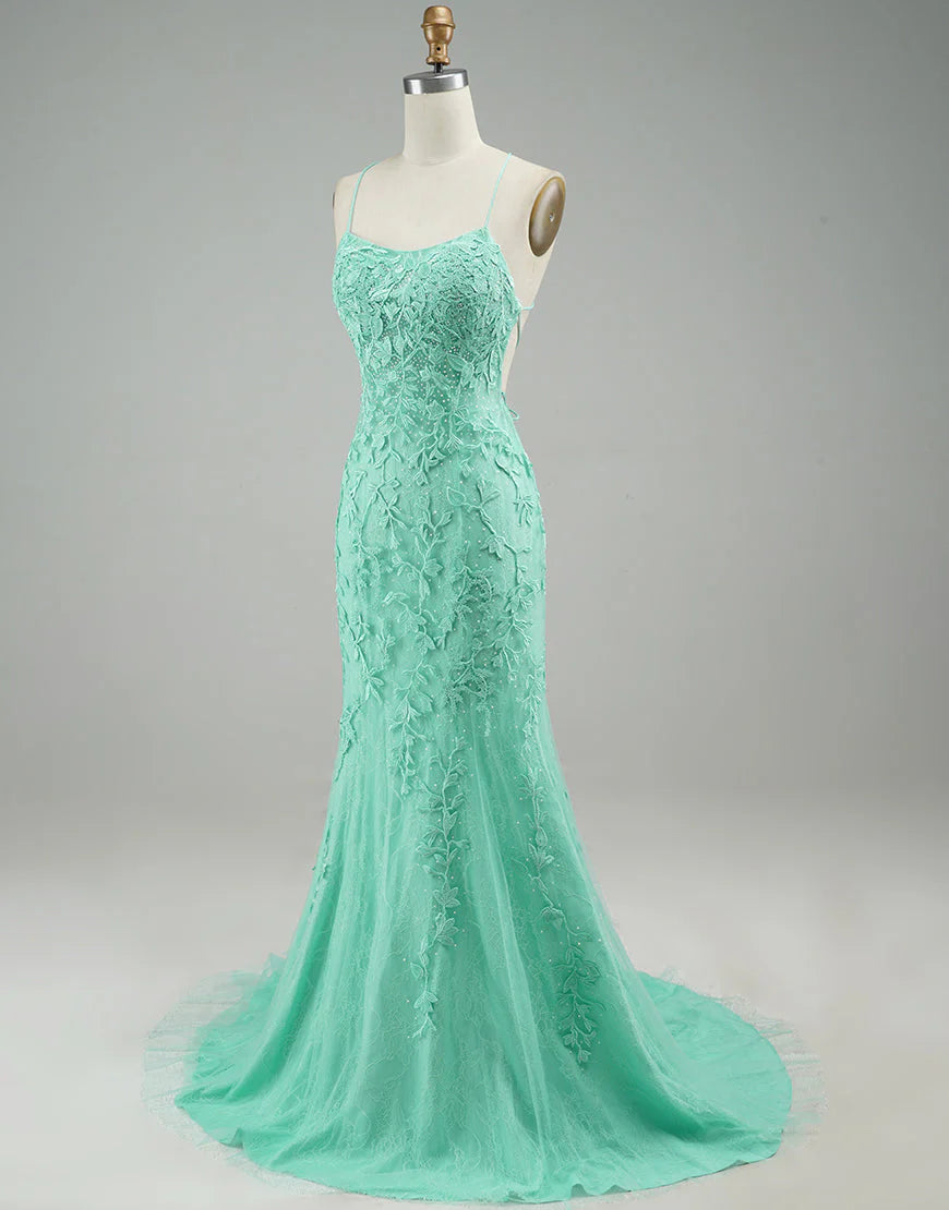 Mermaid Long Dress Backless Tight Lace Prom Dress With Sweep Train