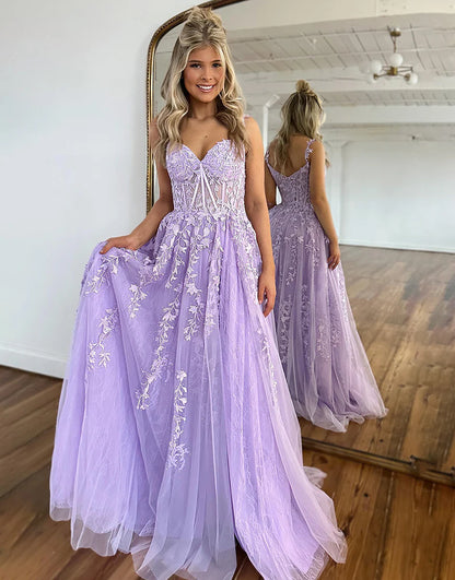 A-Line Off the Shoulder Tulle Long Prom Dress with Appliques