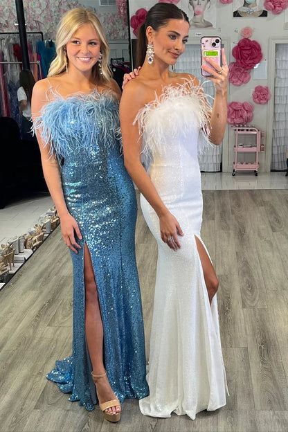 Mermaid Strapless Slit Dress Sequin Prom Dress With Feathers