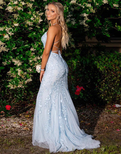 Mermaid Long Dress Backless Tight Lace Prom Dress With Sweep Train