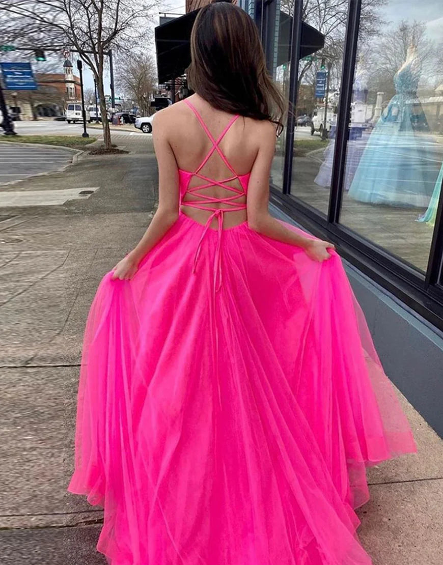 A-Line Long Lace Up Back Senior Pink Prom Dress with Split