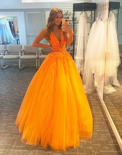 Pink A-Line Deep V-neck Tulle Prom Dress with Appliques