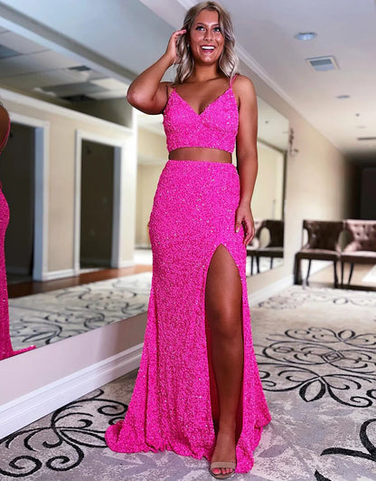 Orange Mermaid Sequin Two Piece Prom Dress