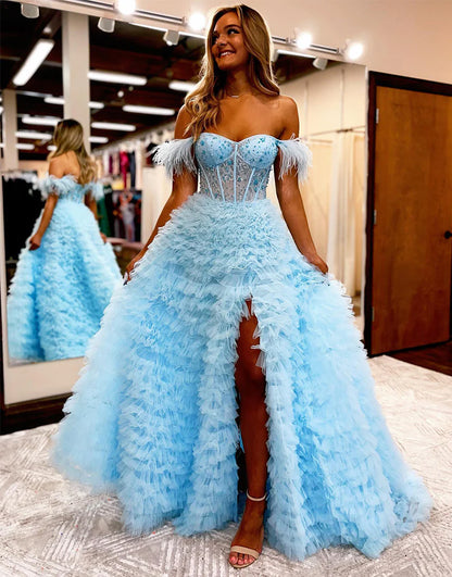 Off the Shoulder Long Prom Dress with Split Court Train Dresses