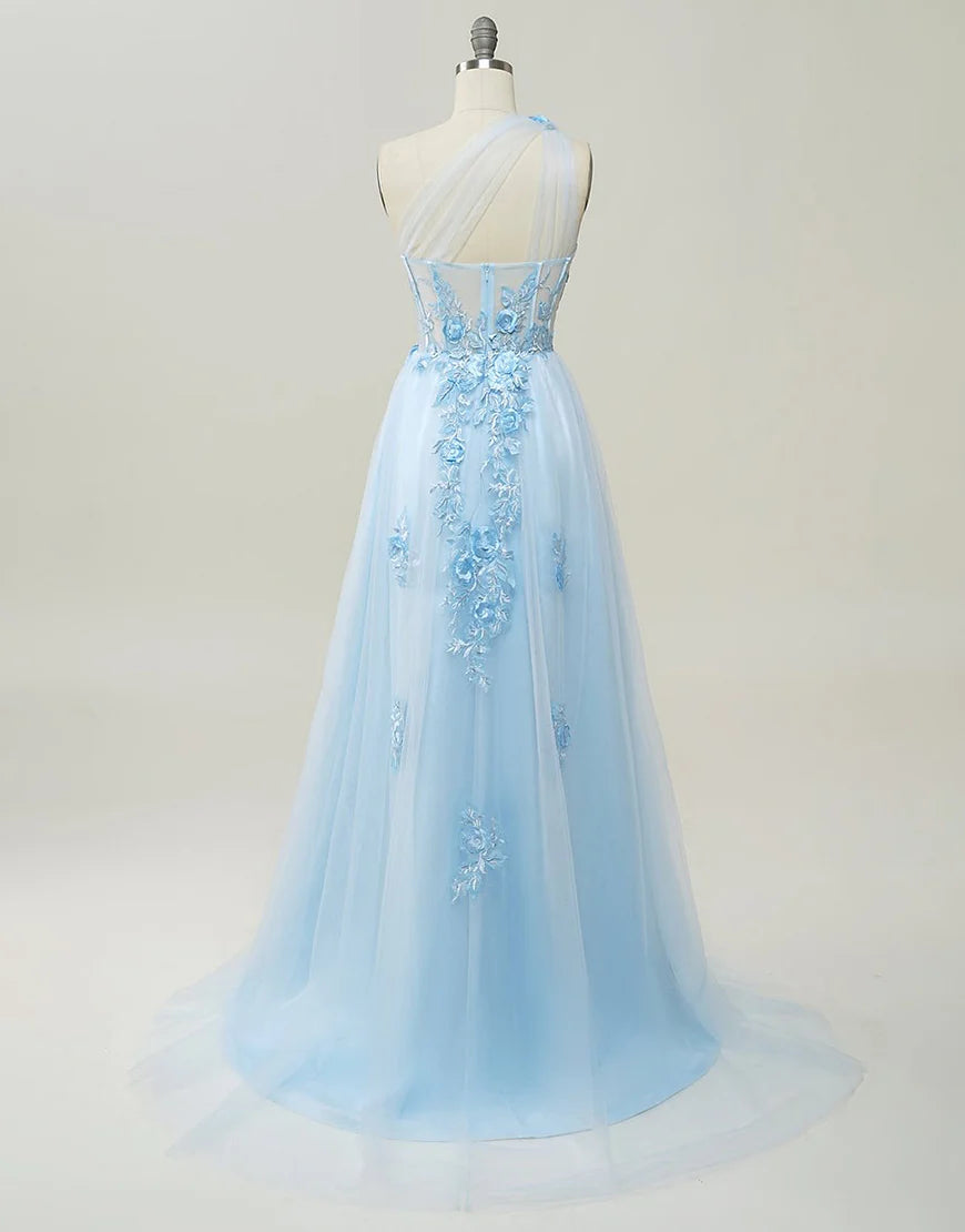 A-line Tulle Prom Dress 3D Appliques With Slit