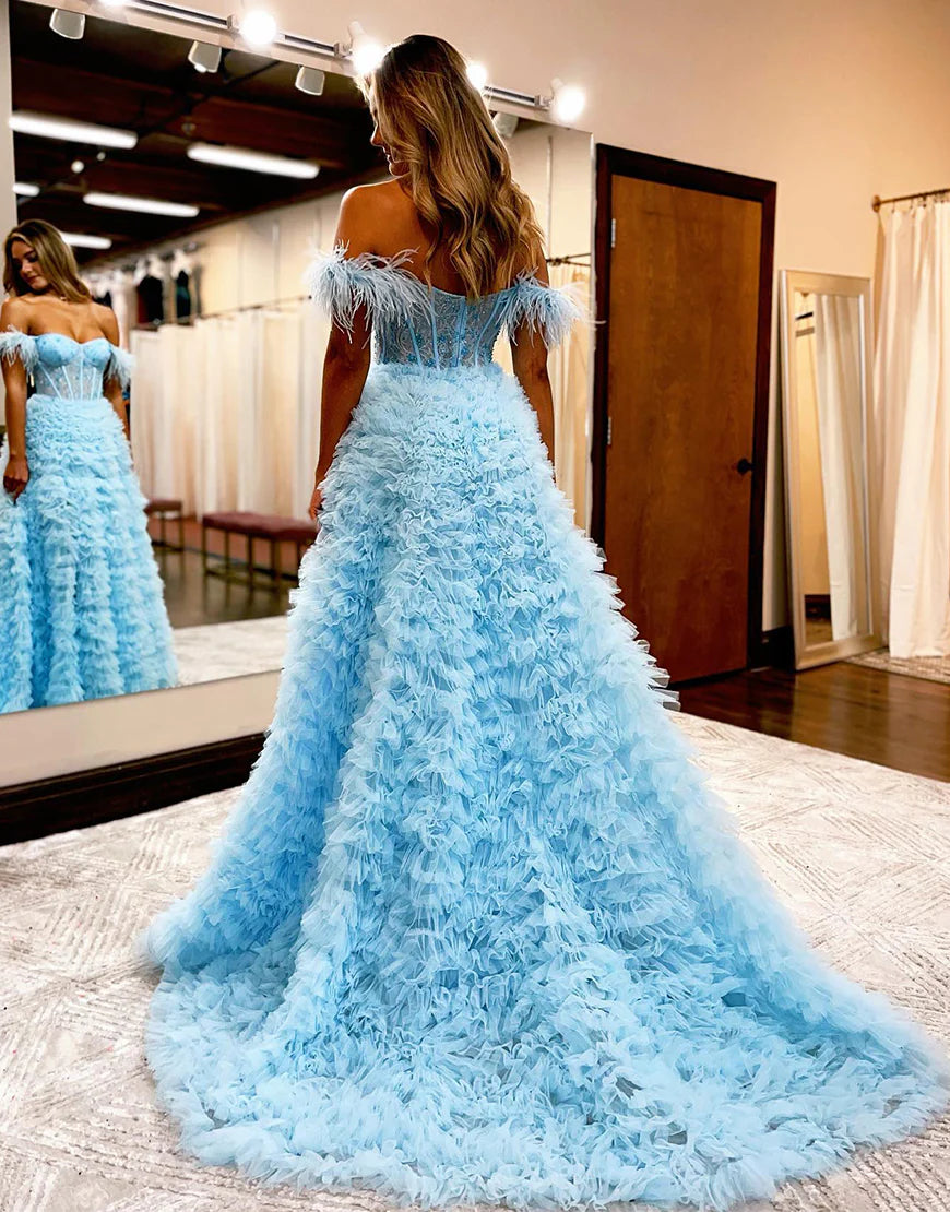 Off the Shoulder Long Prom Dress with Split Court Train Dresses