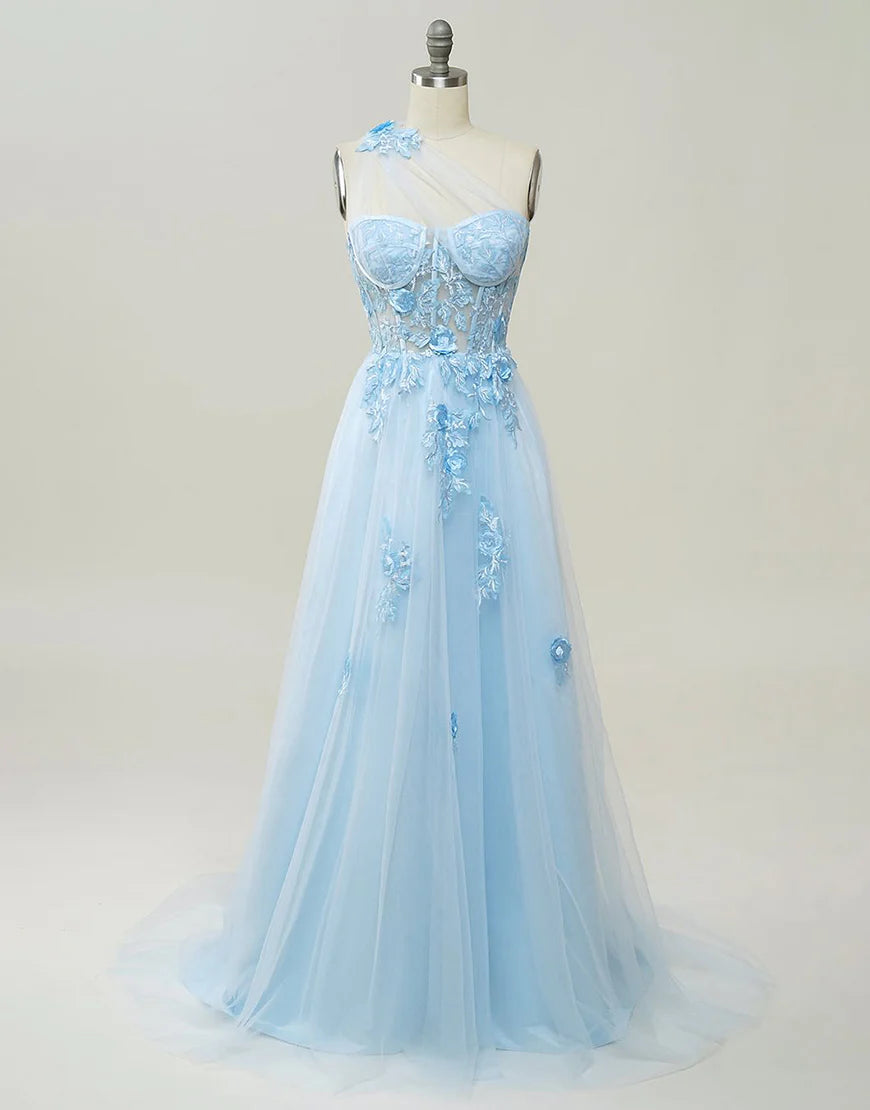 A-line Tulle Prom Dress 3D Appliques With Slit