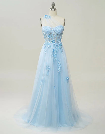A-line Tulle Prom Dress 3D Appliques With Slit