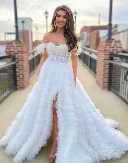 Off the Shoulder Long Prom Dress with Split Court Train Dresses