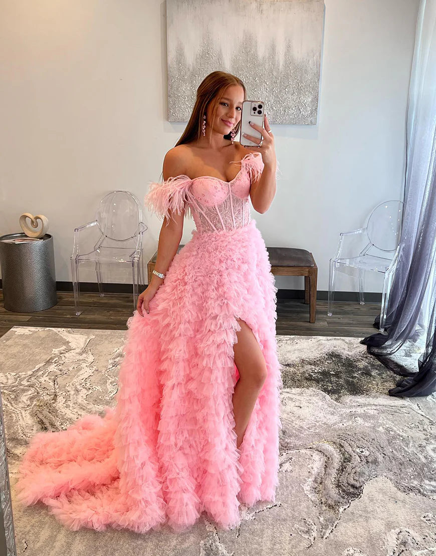 Off the Shoulder Long Prom Dress with Split Court Train Dresses