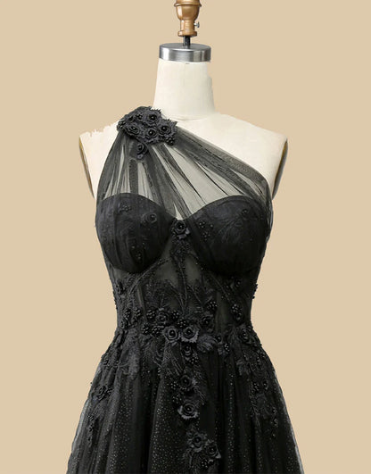A-line Tulle Prom Dress 3D Appliques With Slit