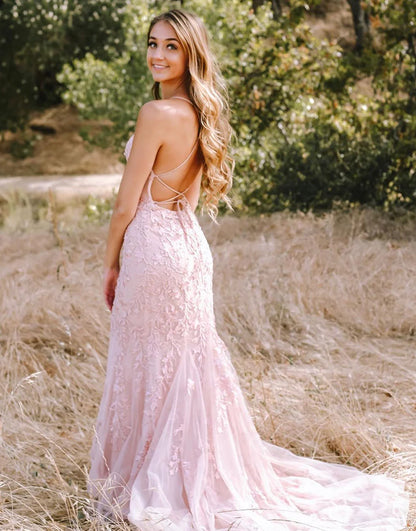 Mermaid Long Dress Backless Tight Lace Prom Dress With Sweep Train