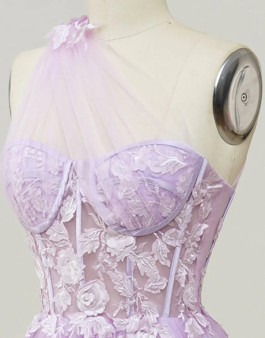 A-line Tulle Prom Dress 3D Appliques With Slit