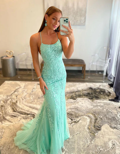 Mermaid Long Dress Backless Tight Lace Prom Dress With Sweep Train
