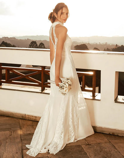 White Sheath Halter Beach Lace Mermaid Wedding Dress