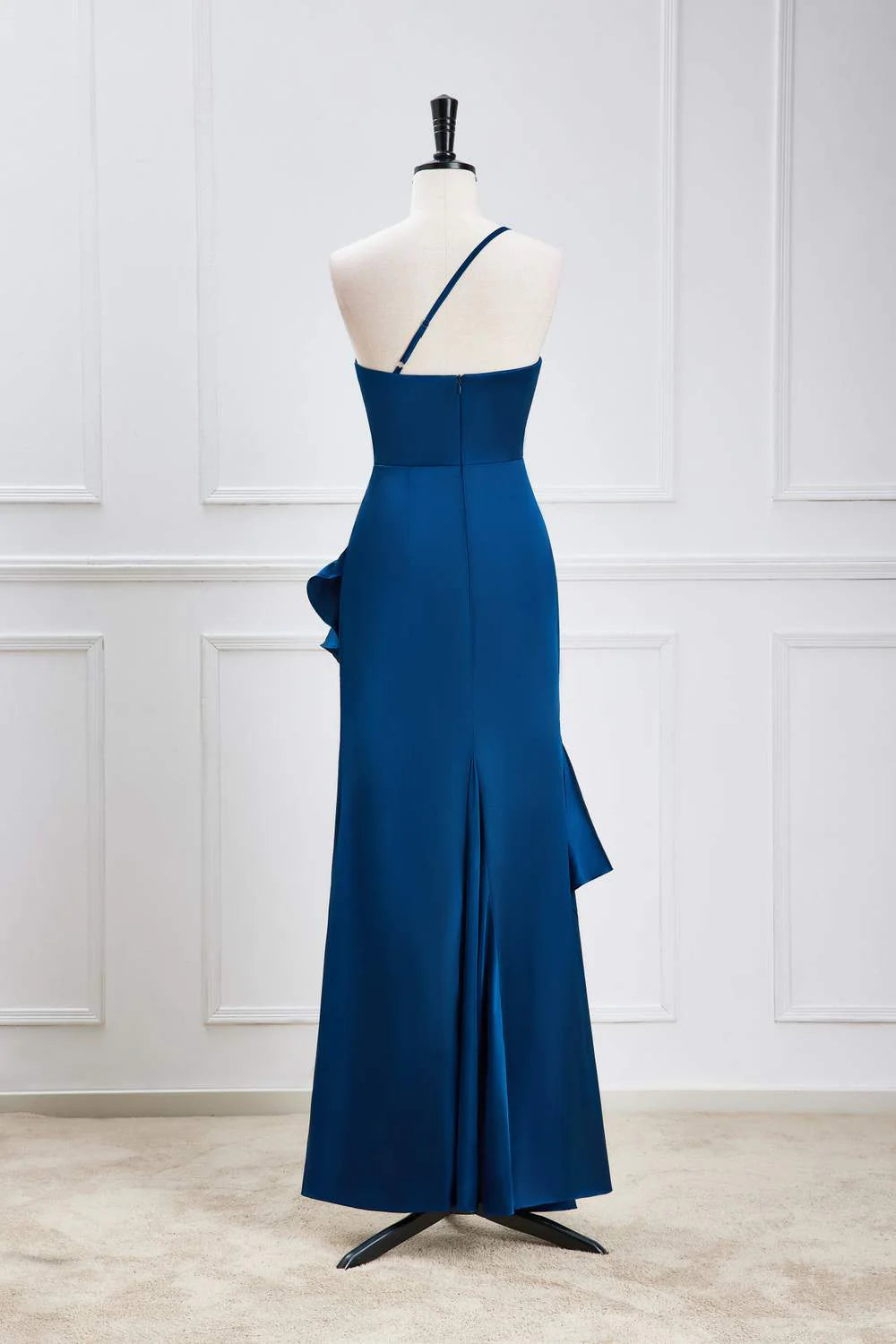 Blue One Shoulder Ruffle Satin Mermaid Maxi Dress Vintage Style Prom Dress
