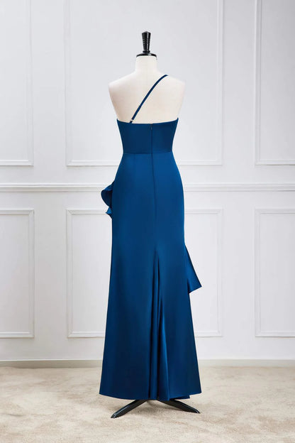 Blue One Shoulder Ruffle Satin Mermaid Maxi Dress Vintage Style Prom Dress