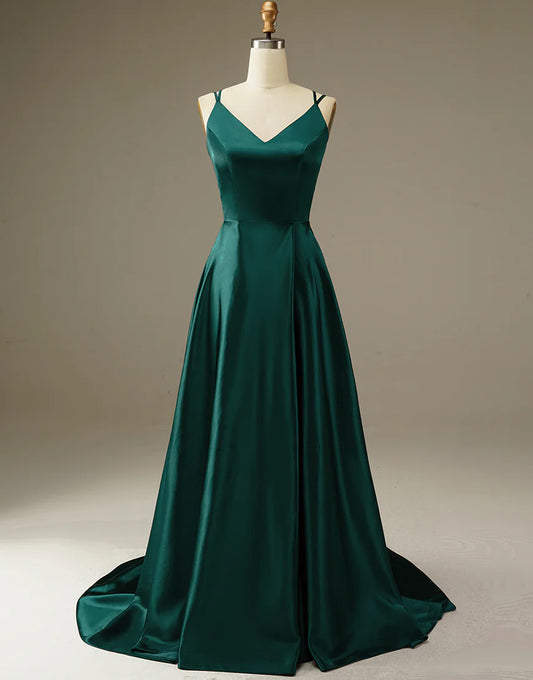 A-Line Dark Green Satin Long Simple Prom Dress Evening Dresses With Sweep Train