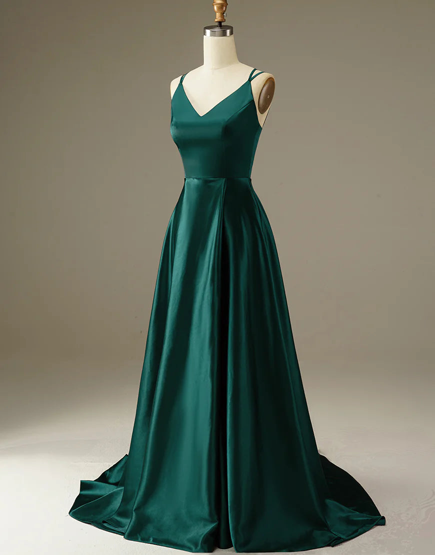 A-Line Dark Green Satin Long Simple Prom Dress Evening Dresses With Sweep Train
