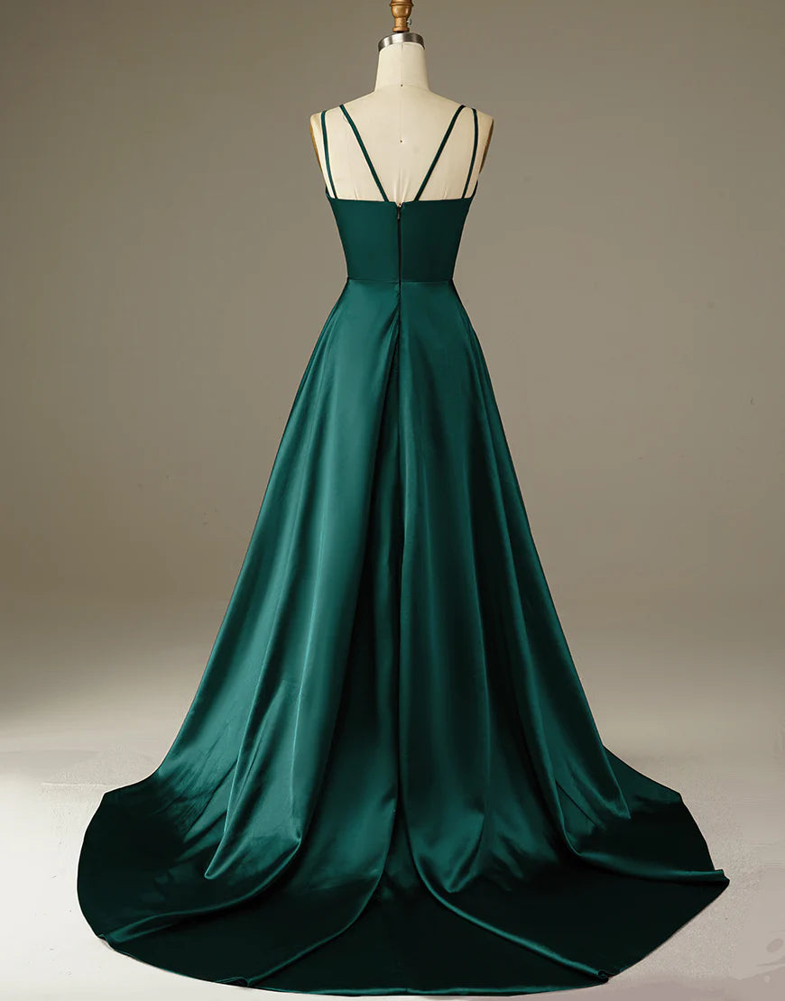 A-Line Dark Green Satin Long Simple Prom Dress Evening Dresses With Sweep Train
