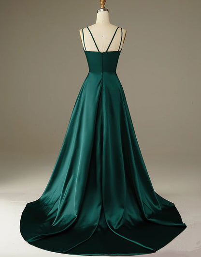A-Line Dark Green Satin Long Simple Prom Dress Evening Dresses With Sweep Train