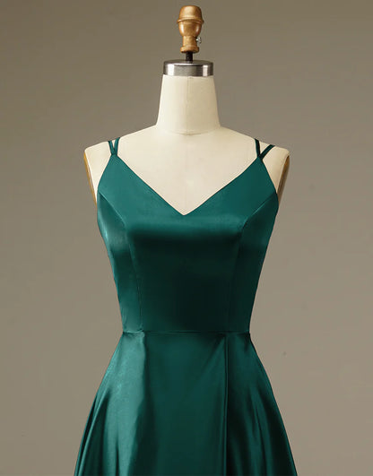 A-Line Dark Green Satin Long Simple Prom Dress Evening Dresses With Sweep Train