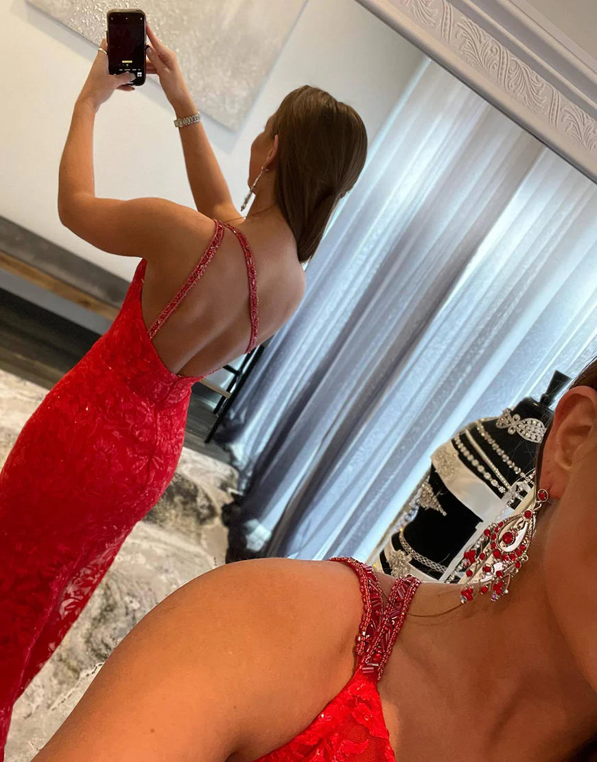 One Shoulder Lace Prom Dress With Slit