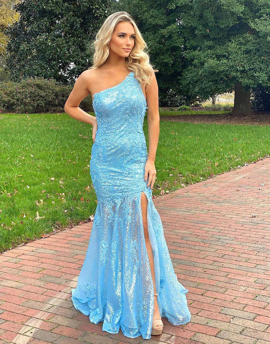Sparkling Light Blue Mermaid One Shoulder Prom Dress