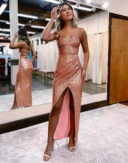 Glitter Sequin Backless Long Dress Prom Dress with Split