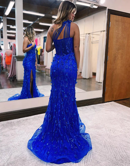 Royal Blue Split Prom Dress Beading Dress With Slit