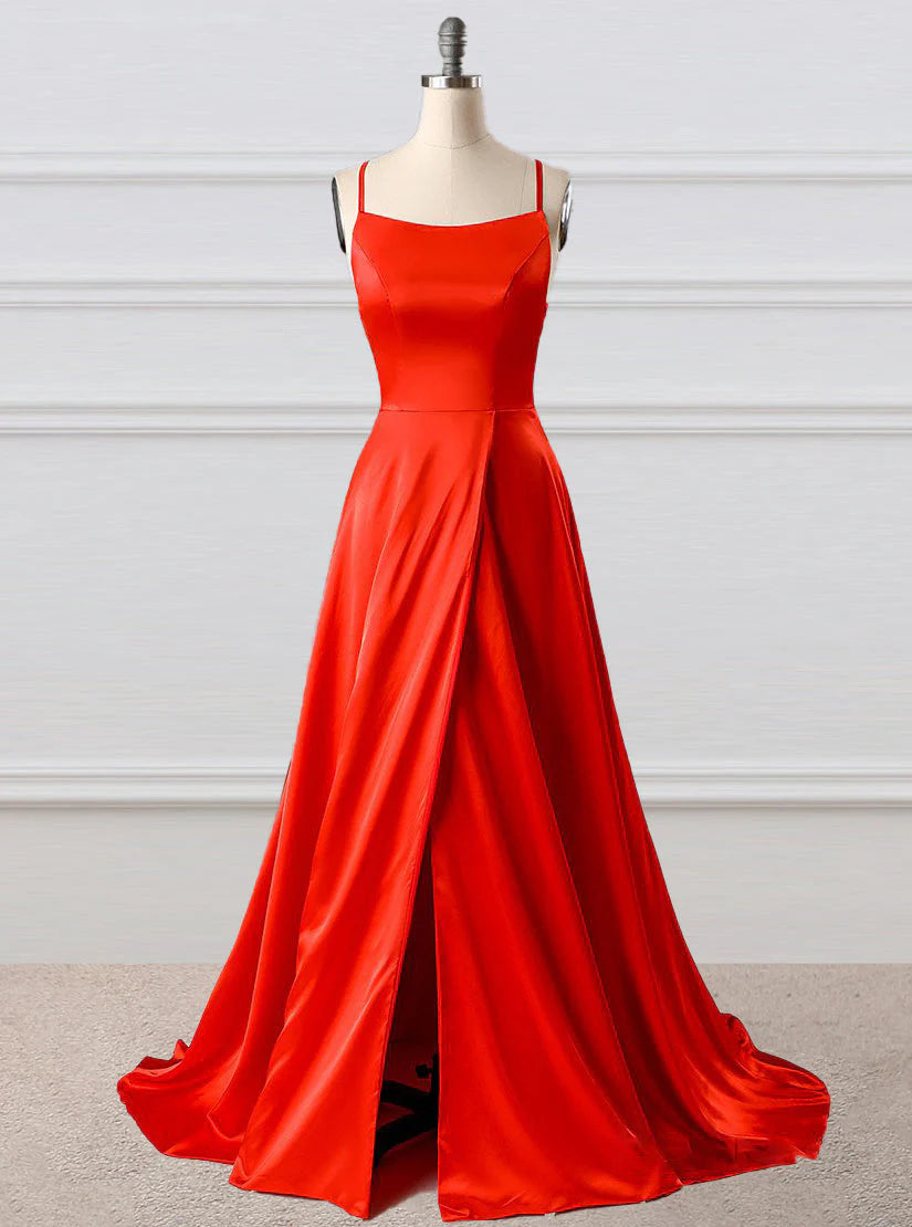 A-Line Satin Prom Dress Backless Evening Dress With Slit