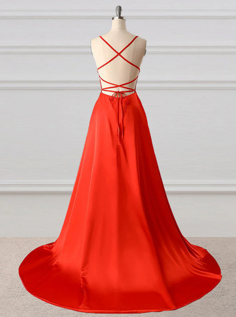 A-Line Satin Prom Dress Backless Evening Dress With Slit